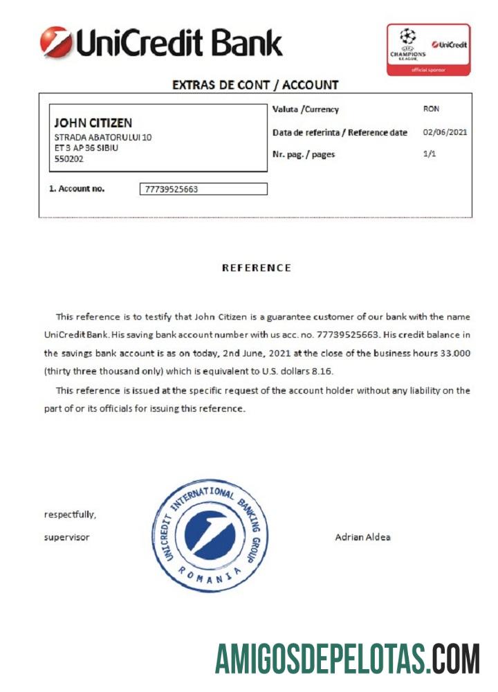 Referência do Banco UniCredit da Romênia modelo